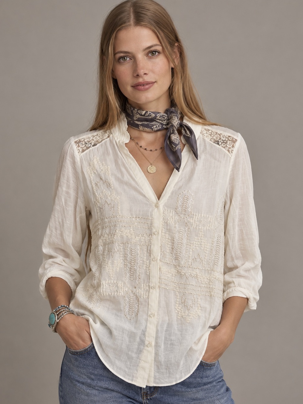 Anthropologie TINY S Ivory Embroidered Lace Button Front Boho Tunic Blouse
